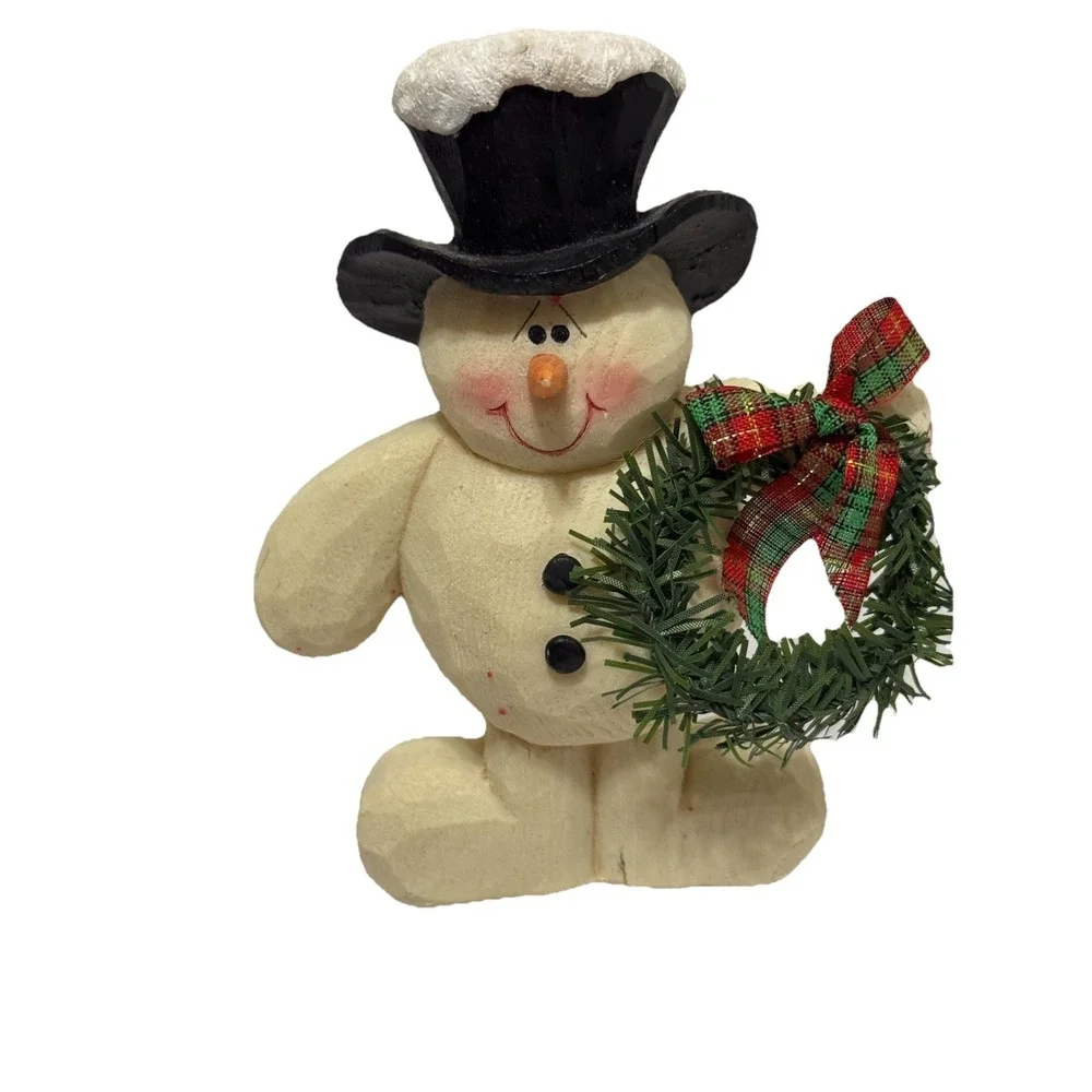 Chunky Snowman With‎ Wreath Faux Wood Carving Resin 5